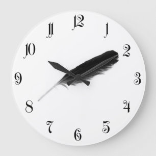 Original cute black feather on a white background large clock