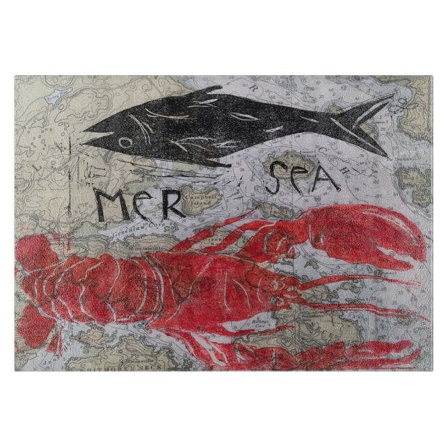 original design lobster themed glass cutting board (Front)