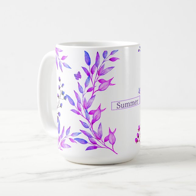 Original design of purple flowers and branches coffee mug (Front Left)