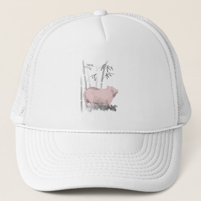 Original Drawing Pig and Bamboos Trucker Hat (Front)
