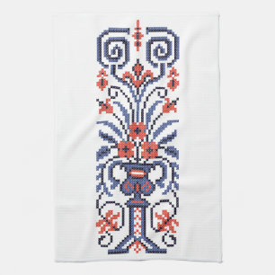 Original Elegant cross-stitch floral flower design Tea Towel