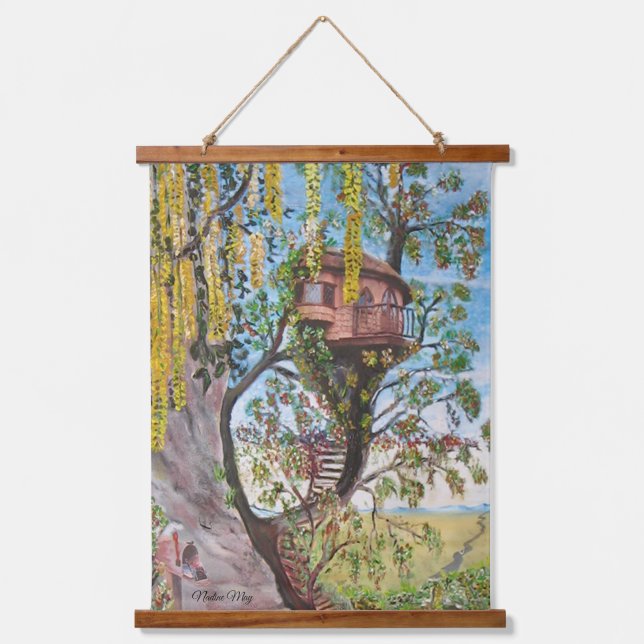 Original Fantasy Tree House Dwelling in Oil Hangin Hanging Tapestry (Front)