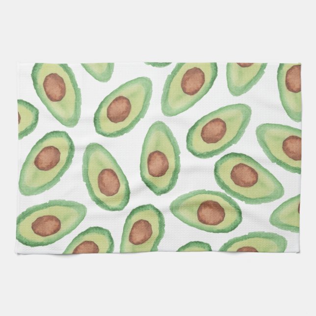 Original green brown watercolor avocado pattern tea towel (Horizontal)