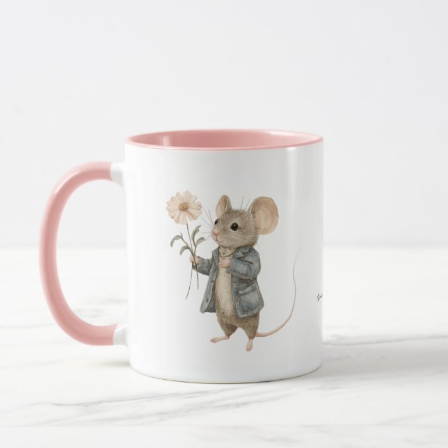 Original Hand Painted Mouse Holding Flower Nursery Mug (Left)
