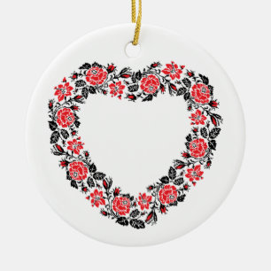 Original Heart of cross-stitch red rose flowers Ceramic Tree Decoration