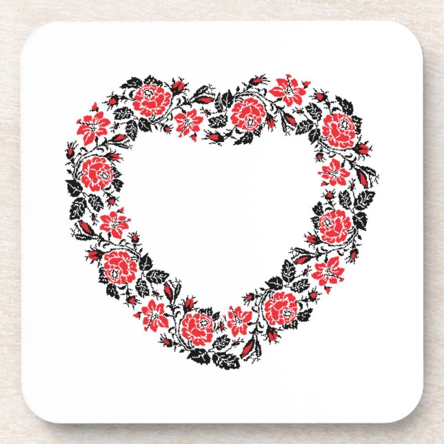 Original Heart of cross-stitch red rose flowers Coaster (Front)