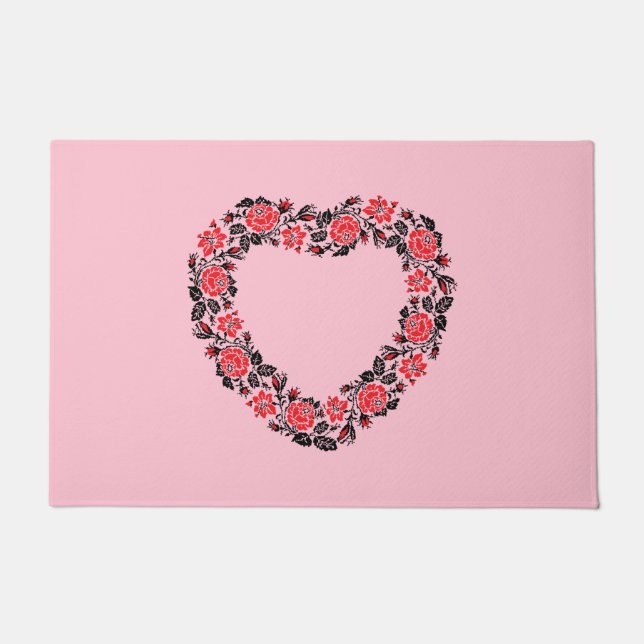 Original Heart of cross-stitch red rose flowers Doormat (Front)