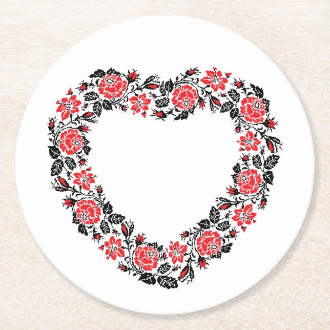 Original Heart of cross-stitch red rose flowers Round Paper Coaster (Front)