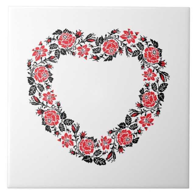 Original Heart of cross-stitch red rose flowers Tile (Front)