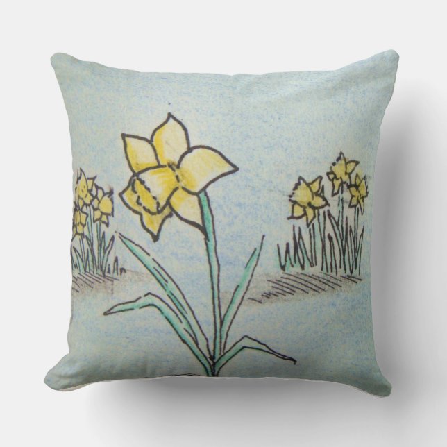 original ink and crayon sketch of yellow daffodils cushion (Front)