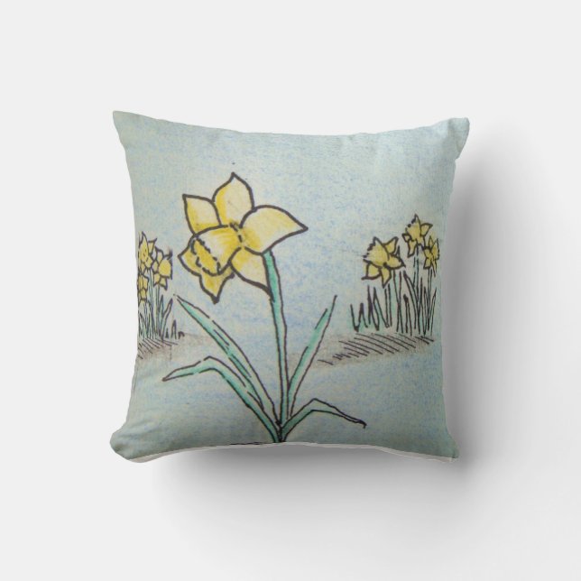 original ink and crayon sketch of yellow daffodils cushion (Front)