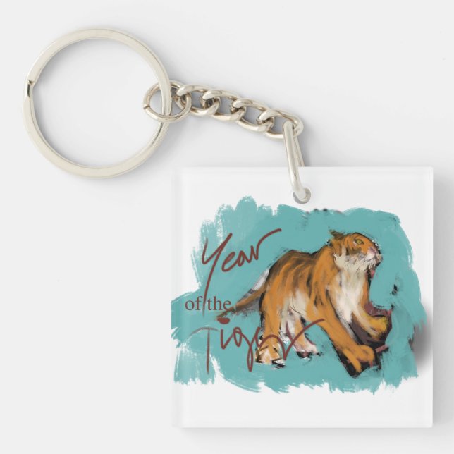 Original Painting Chinese Tiger Year Name Birthday Key Ring (Front)