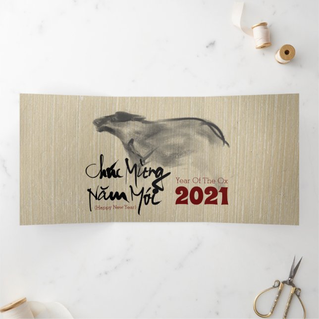 Original Painting OX Vietnamese New Year 2021 3FC Tri-Fold Holiday Card (Inside)