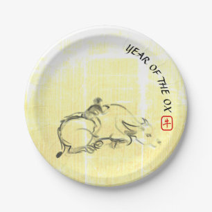 Original painting Water Buffalo Child Ox Year PP Paper Plate