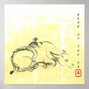 Original painting Water Buffalo Child Ox Year SqP Poster