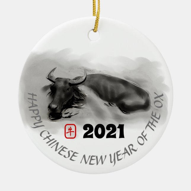 Original Painting Water Buffalo Ox New Year CRO Ceramic Ornament (Front)