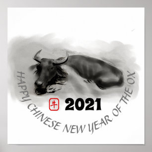 Original Painting Water Buffalo Ox New Year Poster
