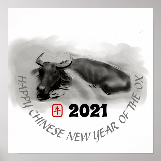 Original Painting Water Buffalo Ox New Year Poster (Front)