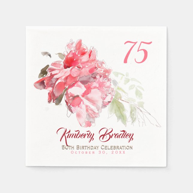 Original Peony watercolors 75th Birthday Party PN Napkin (Front)