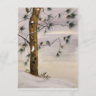 Original Pine and Bird in Snow Art on Blank Card