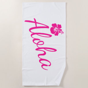 Original pink text design ALOHA and flower Beach Towel