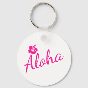 Original pink text design ALOHA and flower Key Ring