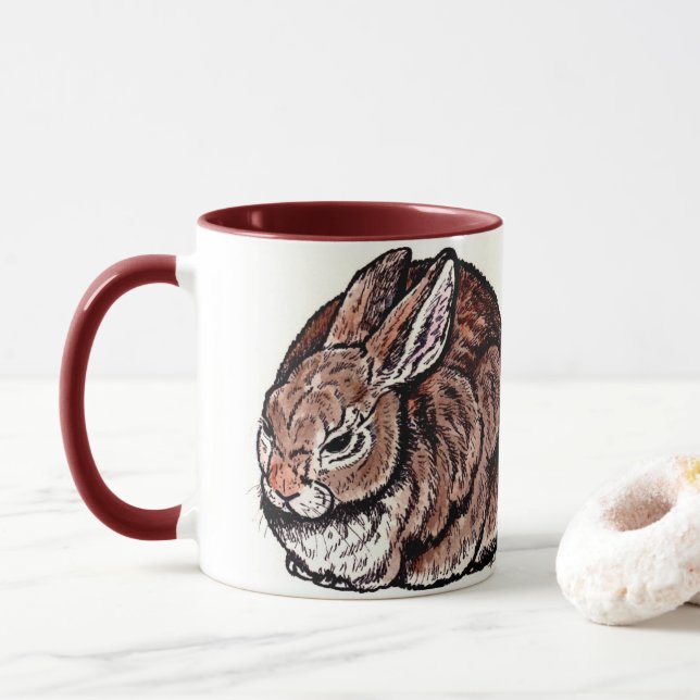 Original Rabbit Mug, Pen & Ink, Watercolor Drawing Mug (With Donut)
