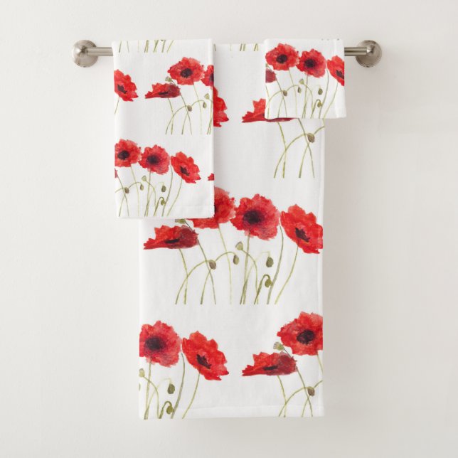 Original Red Poppies Flowers Floral Garden Fresh Bath Towel Set (Insitu)