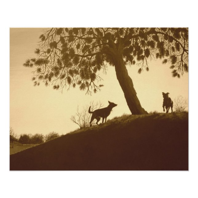 original scenic dogs in park sepia landscape art poster (Front)