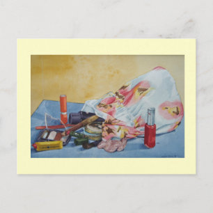 original still life picture of vintage make up bag postcard