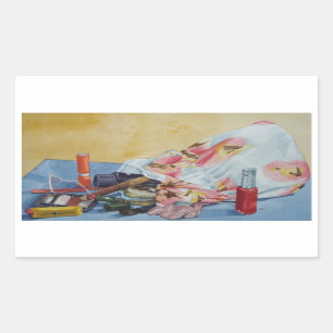 original still life picture of vintage make up bag rectangular sticker