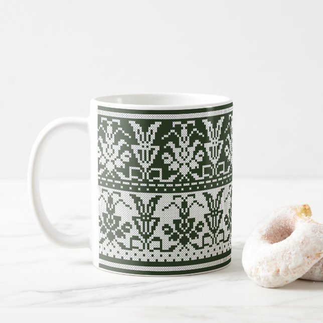 Original Style White isolated cross-stitch pattern Coffee Mug (With Donut)