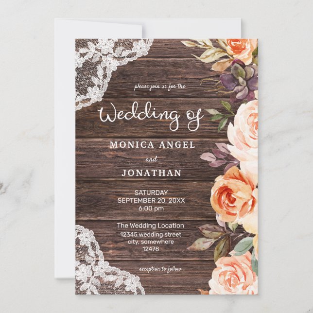 Original style- Wood Lace Blush & Peach Floral Invitation (Front)