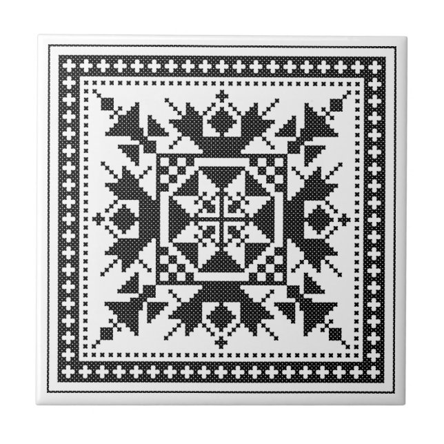 Original traditional ethnic Black cross-stitch Ceramic Tile (Front)
