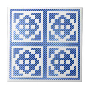 Original traditional ethnic blue cross-stitch ceramic tile