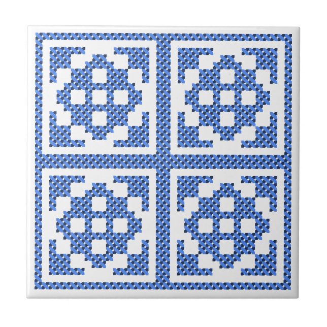 Original traditional ethnic blue cross-stitch ceramic tile (Front)