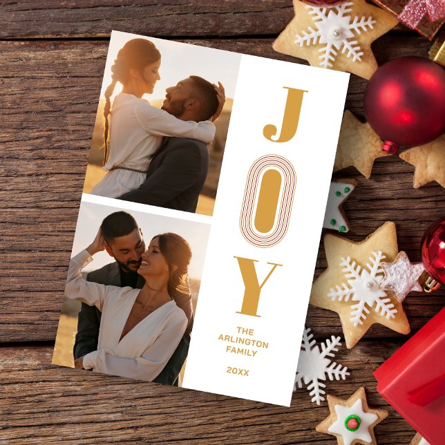 Original Trend JOY Quote Christmas 2 Photos  Holiday Card (Christmas and Fake Gold Original and Trend Joy Quote 2 Photos Holiday Card with Envelope.)