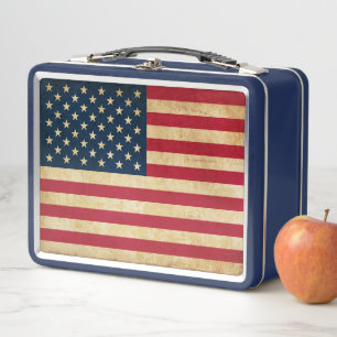 Original Vintage Patriotic American Flag Metal Lunch Box