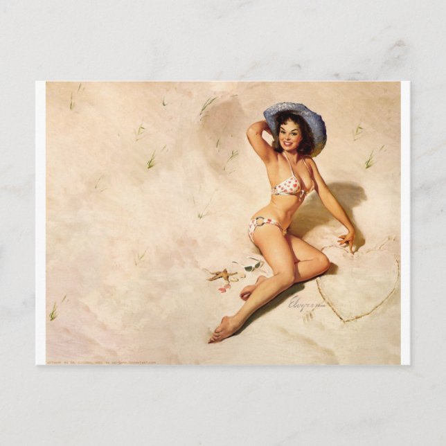 Original vintage pin-up girl on the beach postcard (Front)