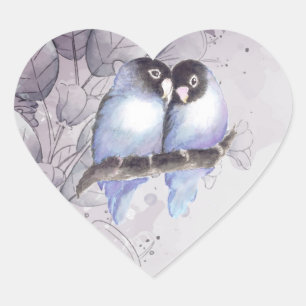 Original Watercolor Blue Lovebirds, Bird Heart Sti Sticker