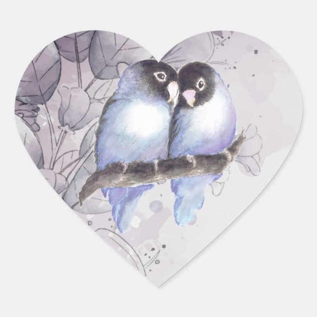 Original Watercolor Blue Lovebirds, Bird Heart Sti Sticker (Front)