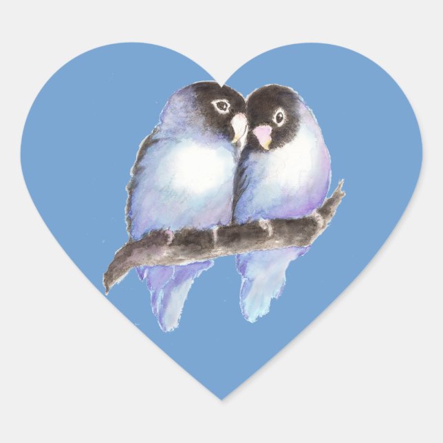 Original Watercolor Blue Lovebirds, Bird Heart Sticker (Front)