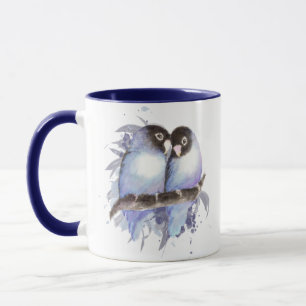 Original Watercolor Blue Lovebirds, Bird Mug
