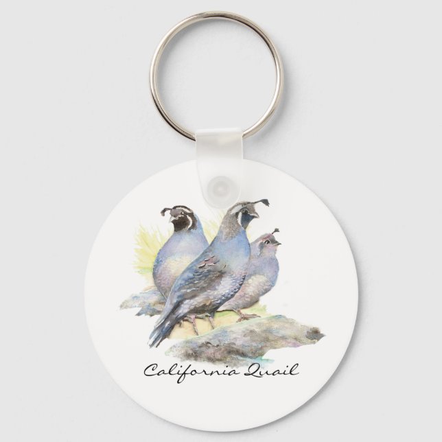Original Watercolor California Quail. Bird Key Ring (Front)