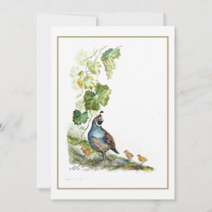 Original Watercolor California Quail Family Grapes Card