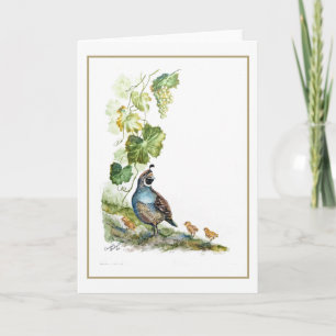 Original Watercolor California Quail Family Grapes Card
