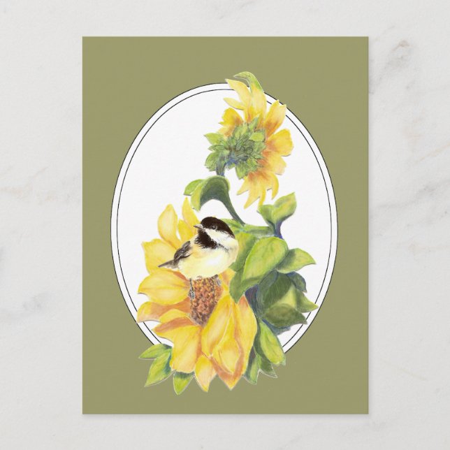 Original Watercolor Chickadee and Sunflower Postcard (Front)