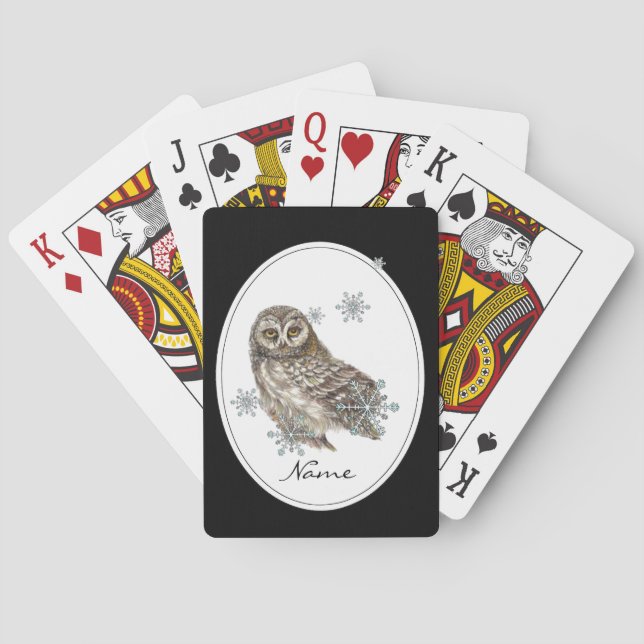 Original Watercolor Custom Name Winter Owl Playing Cards (Back)