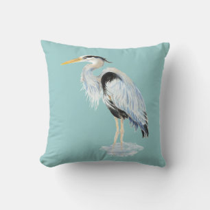 Original watercolor Great Blue Heron Bird Cushion