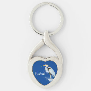 Original watercolor Great Blue Heron Bird Custom Key Ring